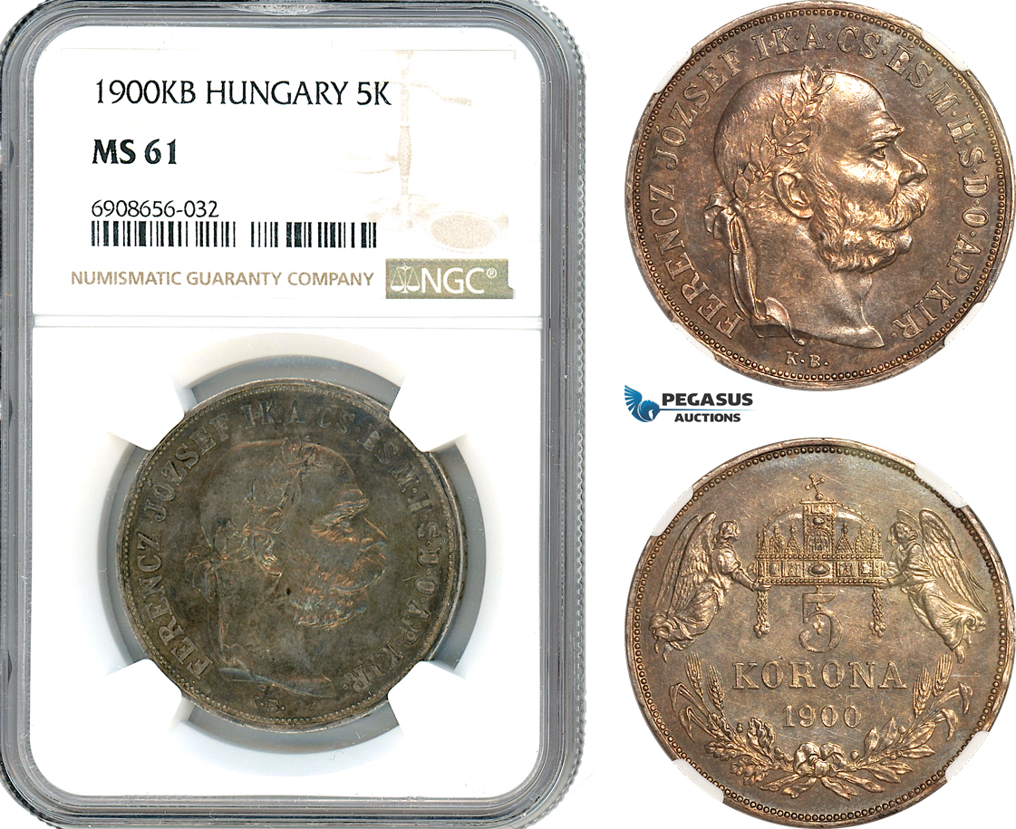 AK215, Hungary, Franz Joseph, 5 Korona 1900 KB, Kremnitz Mint, Silver, NGC MS61