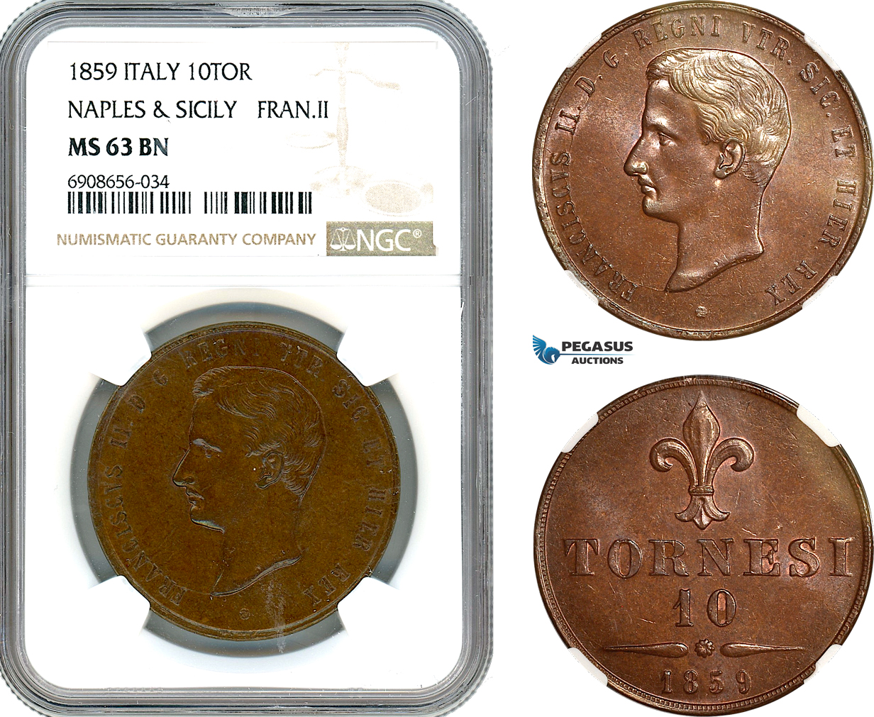 AK216, Italy, Kingdom of Naples and Sicily, Francesco II, 10 Tornesi 1859, NGC MS63BN