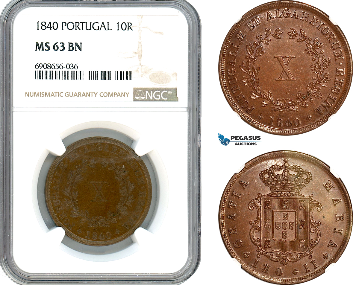 AK217, Portugal, Maria II, 10 Reis 1840, Lisbon Mint, NGC MS63BN