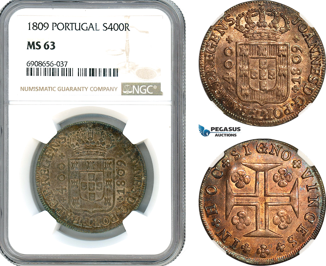 AK218, Portugal, Joao, 400 Reis 1809, Lisbon Mint, Silver, NGC MS63