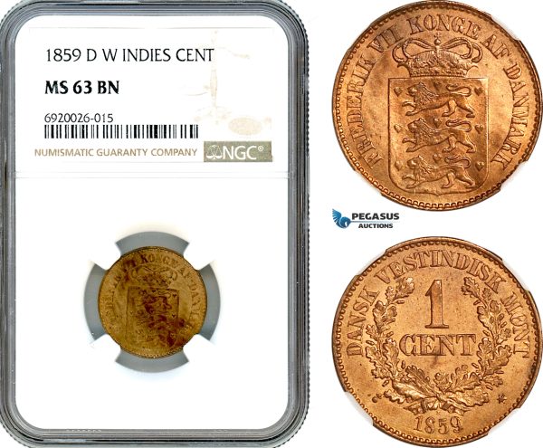 AK231, Danish West Indies, Frederik VII, 1 Cent 1859, NGC MS63BN