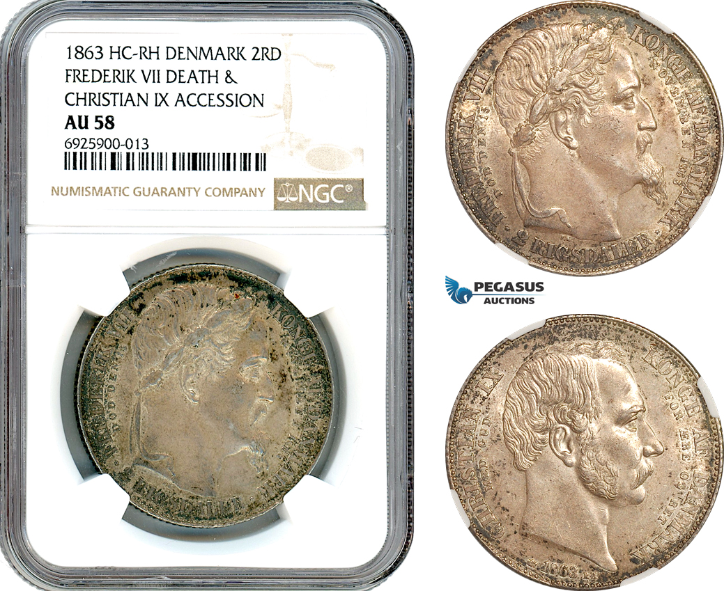 AK232, Denmark, Christian IX, 2 Rigsdaler 1863 HC-RH, Copenhagen Mint, Silver, Death of Frederik VII and the accession of Christian IX, NGC AU58