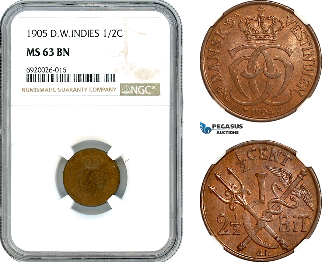 AK233, Danish West Indies, Christian IX, 2 1/2 Bit / 1/2 Cent 1905, Copenhagen Mint, NGC MS63BN