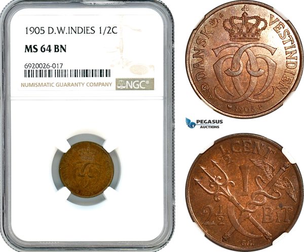 AK234, Danish West Indies, Christian IX, 2 1/2 Bit / 1/2 Cent 1905, Copenhagen Mint, NGC MS64BN