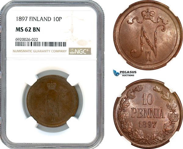 AK235, Finland, Nicholas II. of Russia, 10 Pennia 1897, Helsinki Mint, NGC MS62BN