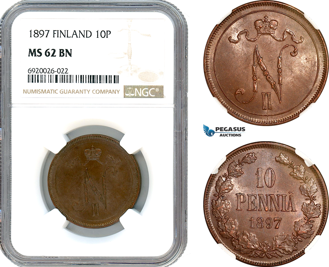 AK235, Finland, Nicholas II. of Russia, 10 Pennia 1897, Helsinki Mint, NGC MS62BN