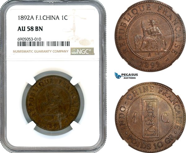 AK236, French Indo-China, 1 Centime 1892 A, Paris Mint, NGC AU58BN