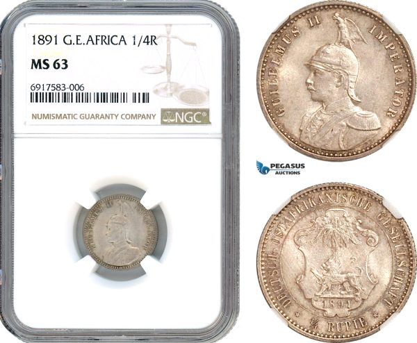 AK238, German East Africa, Wilhelm II, 1/4 Rupie 1891, Berlin Mint, Silver, NGC MS63