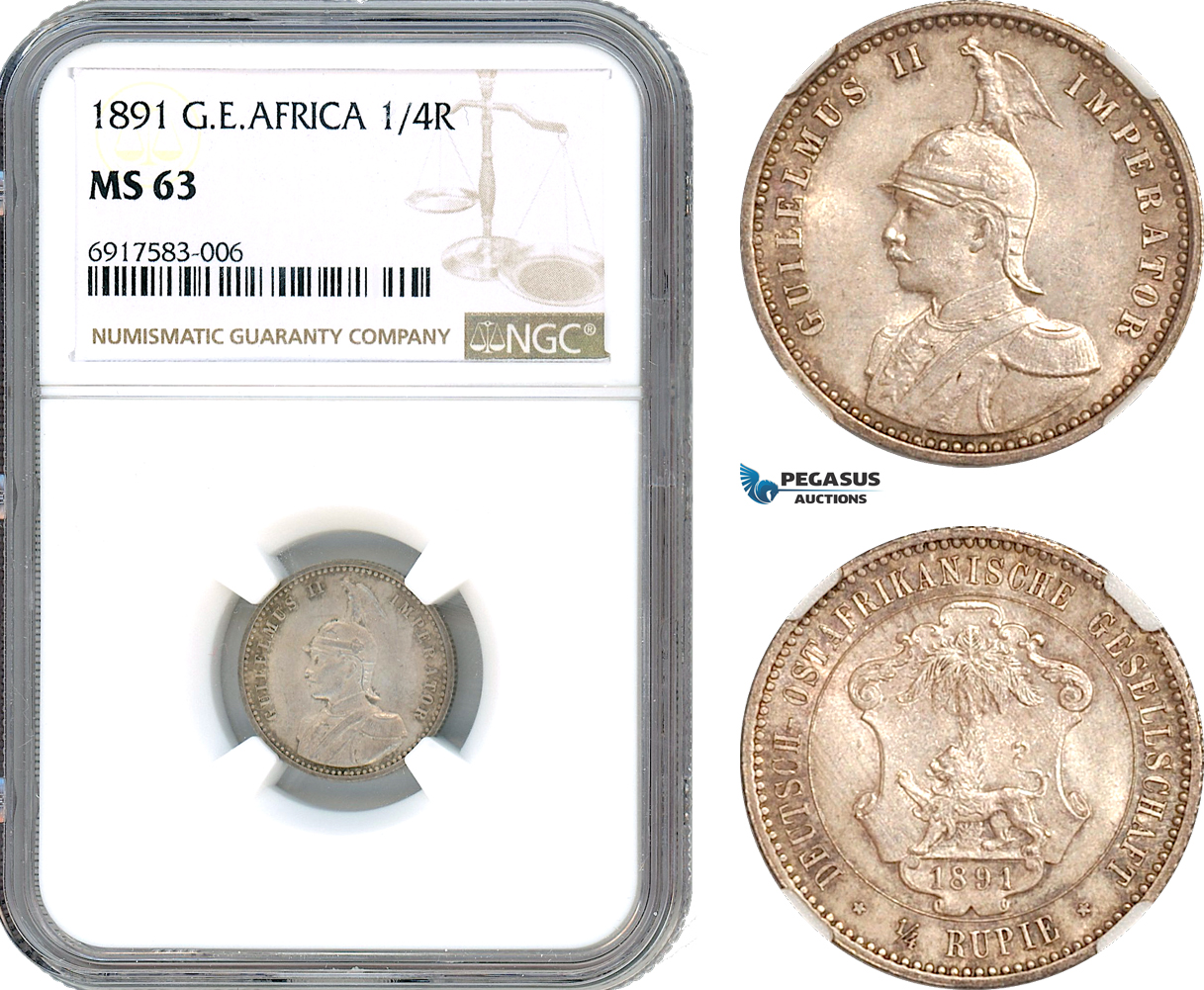 AK238, German East Africa, Wilhelm II, 1/4 Rupie 1891, Berlin Mint, Silver, NGC MS63