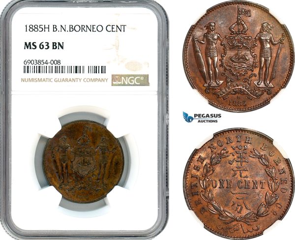 AK243, British North Borneo, 1 Cent 1885 H, Heaton Mint, NGC MS63BN