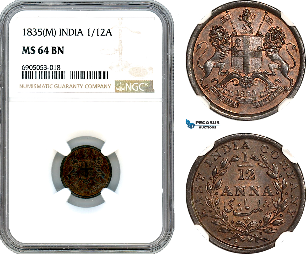 AK251, India, East India Company, 1/12 Anna 1835 M, Madras Mint, NGC MS64BN