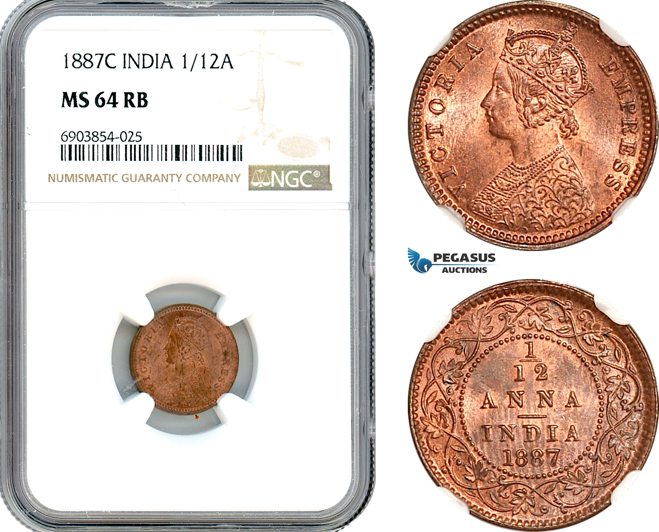 AK252, India (British) Victoria, 1/12 Anna 1887 C, Calcutta Mint, NGC MS64RB