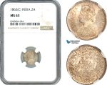 AK253, India (British) Victoria, 2 Annas 1862 C, Calcutta Mint, Silver, NGC MS63