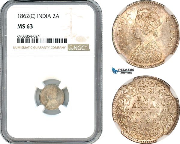 AK253, India (British) Victoria, 2 Annas 1862 C, Calcutta Mint, Silver, NGC MS63