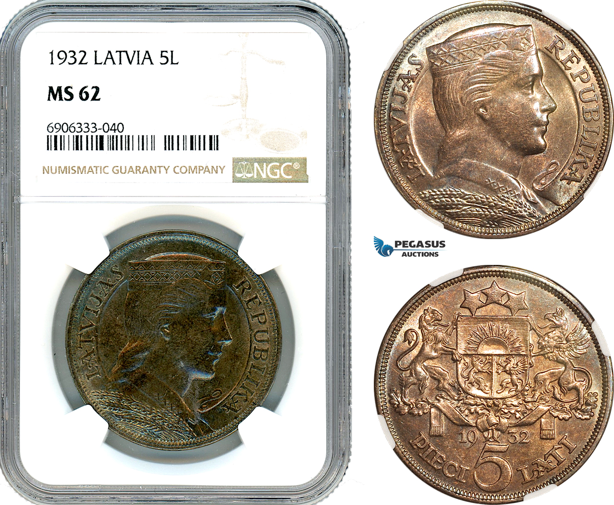 AK254, Latvia, 5 Lati 1932, Silver, NGC MS62