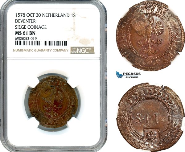 AK255, Netherlands, Deventer, 2 Stuiver 1578, Oct 30, Siege Coinage, NGC MS61BN