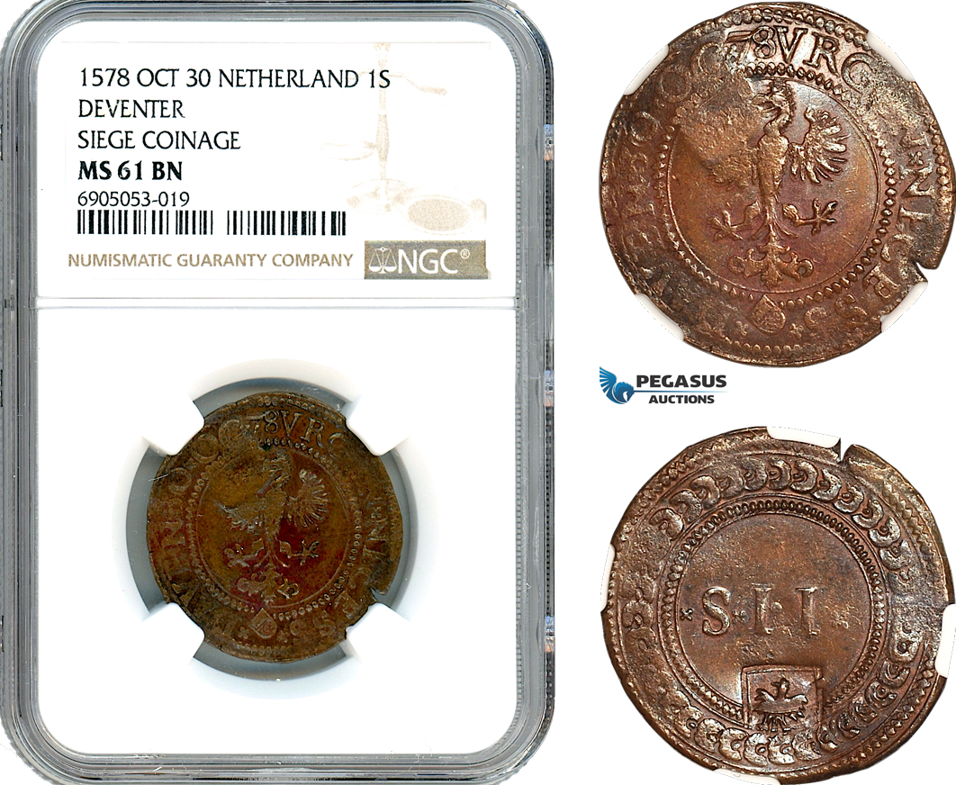 AK255, Netherlands, Deventer, 2 Stuiver 1578, Oct 30, Siege Coinage, NGC MS61BN