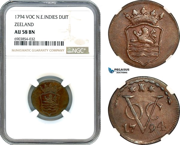 AK257, Netherlands East Indies, VOC, 1 Duit 1794, Zeeland Arms, NGC AU58BN
