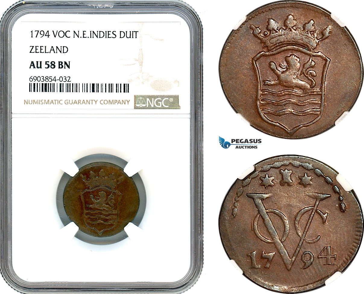 AK257, Netherlands East Indies, VOC, 1 Duit 1794, Zeeland Arms, NGC AU58BN