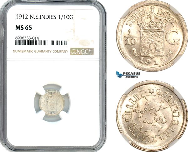 AK258, Netherlands East Indies, Wilhelmina, 1/10 Gulden 1912, Utrecht Mint, Silver, NGC MS65