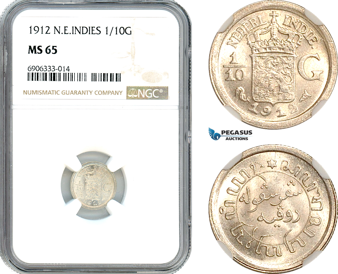 AK258, Netherlands East Indies, Wilhelmina, 1/10 Gulden 1912, Utrecht Mint, Silver, NGC MS65