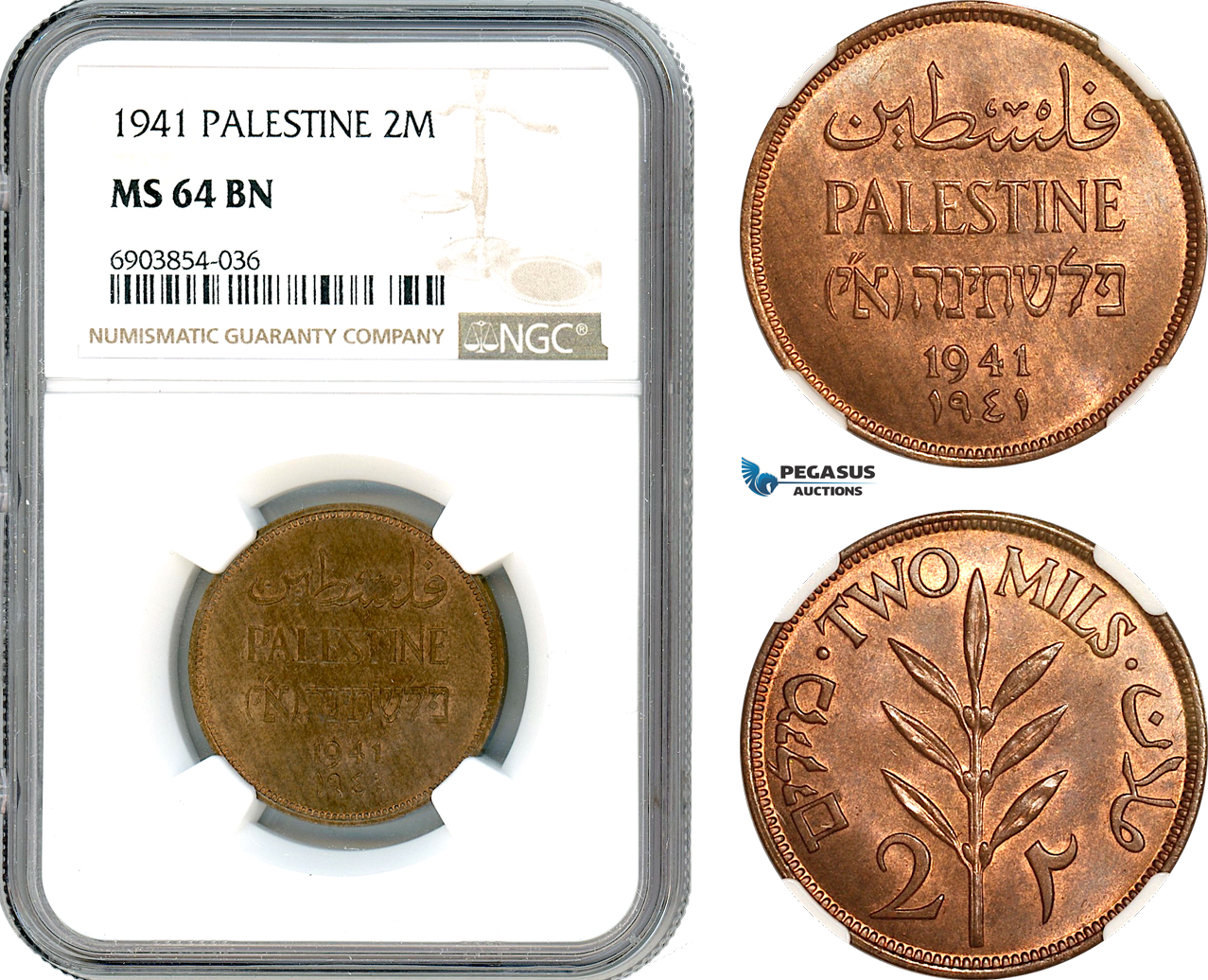 AK259, Palestine, 2 Mils 1941, London Mint, NGC MS64BN