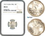 AK260, Philippines (US Administration) 10 Centavos 1917 S, San Francisco Mint, Silver, NGC MS65