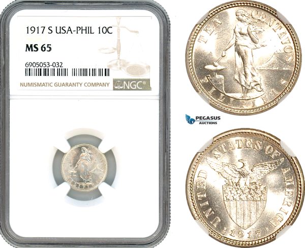 AK260, Philippines (US Administration) 10 Centavos 1917 S, San Francisco Mint, Silver, NGC MS65