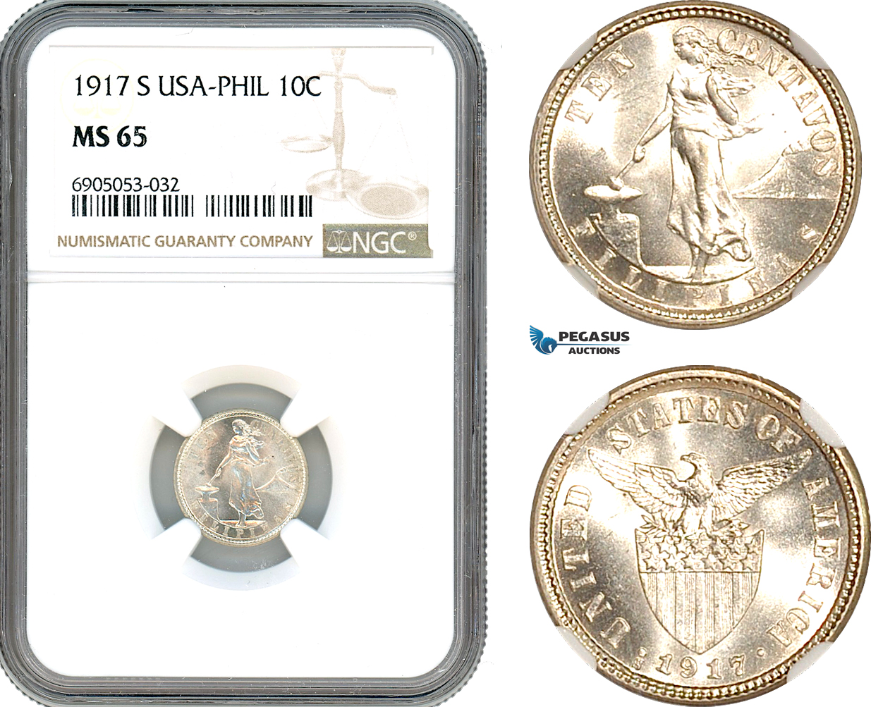 AK260, Philippines (US Administration) 10 Centavos 1917 S, San Francisco Mint, Silver, NGC MS65