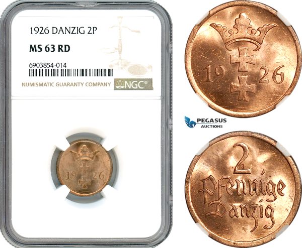 AK261, Poland, Danzig, 2 Pfennige 1926, NGC MS63RD