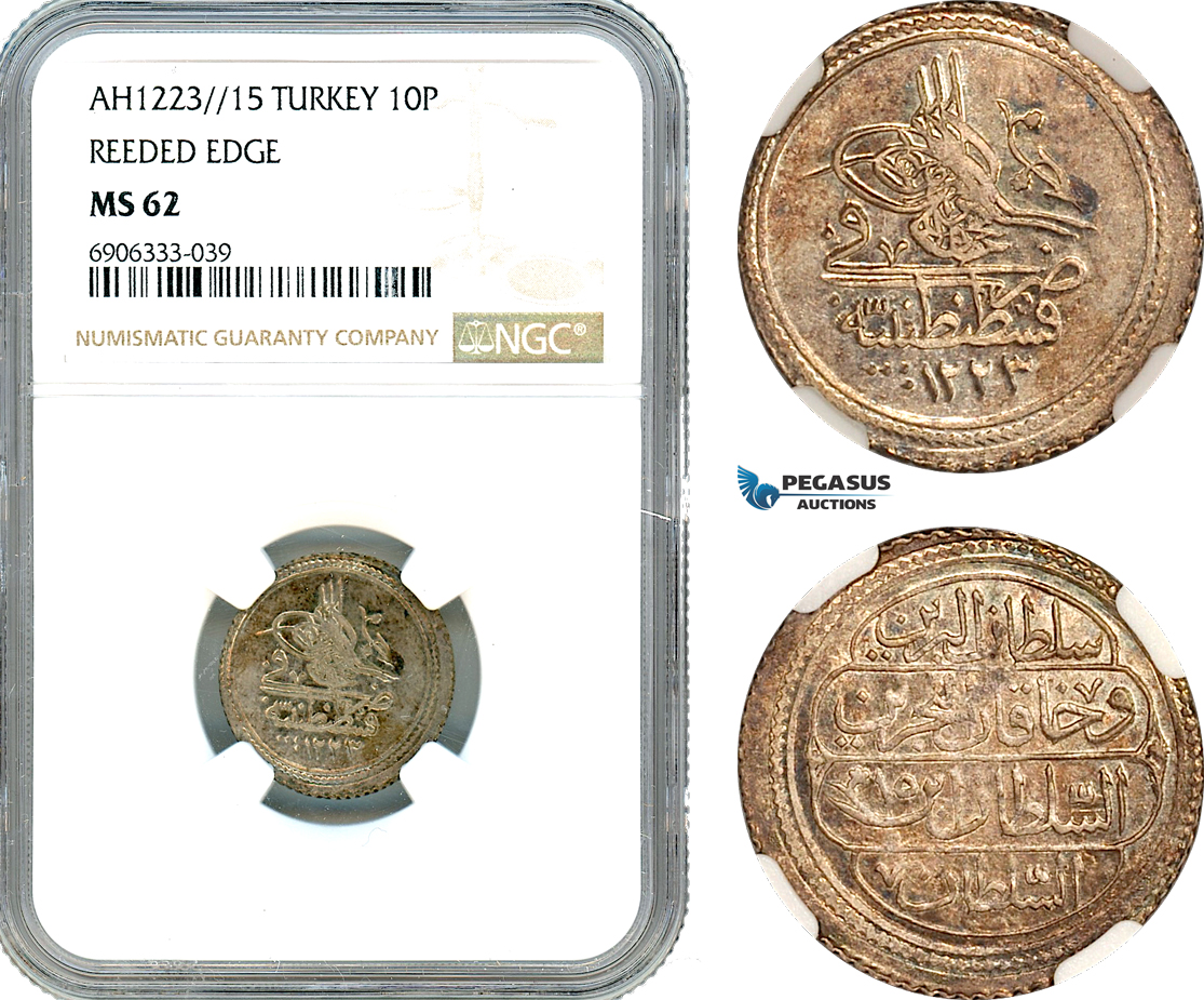 AK278, Ottoman Empire, Turkey, Mahmud II, 10 Para AH1223//15, Kostantiniye Mint, Reeded Edge, Silver, NGC MS62
