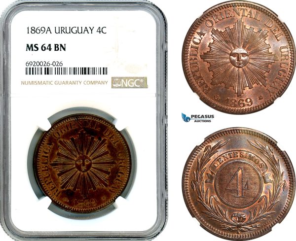 AK279, Uruguay, 4 Centesimos 1869 A, Paris Mint, NGC MS64BN