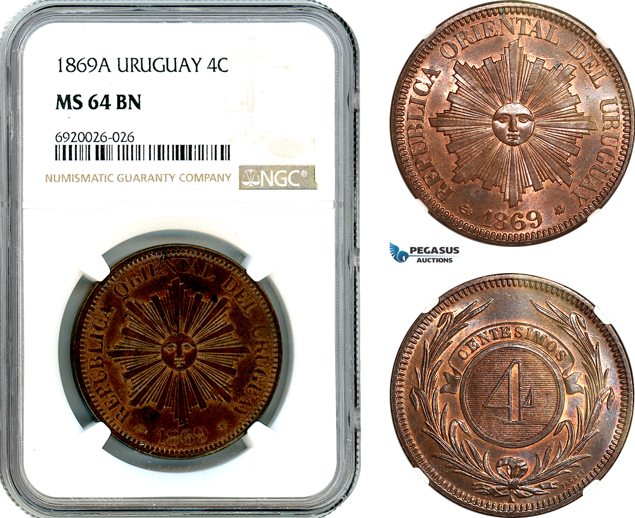 AK279, Uruguay, 4 Centesimos 1869 A, Paris Mint, NGC MS64BN