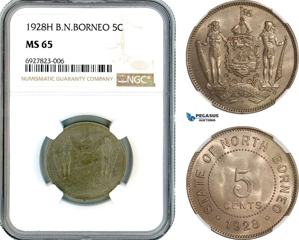 AK285, British North Borneo, 5 Cents 1928 H, Heaton Mint, NGC MS65