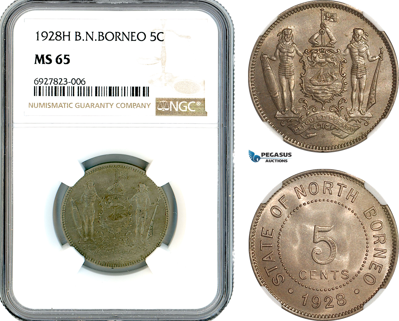 AK285, British North Borneo, 5 Cents 1928 H, Heaton Mint, NGC MS65