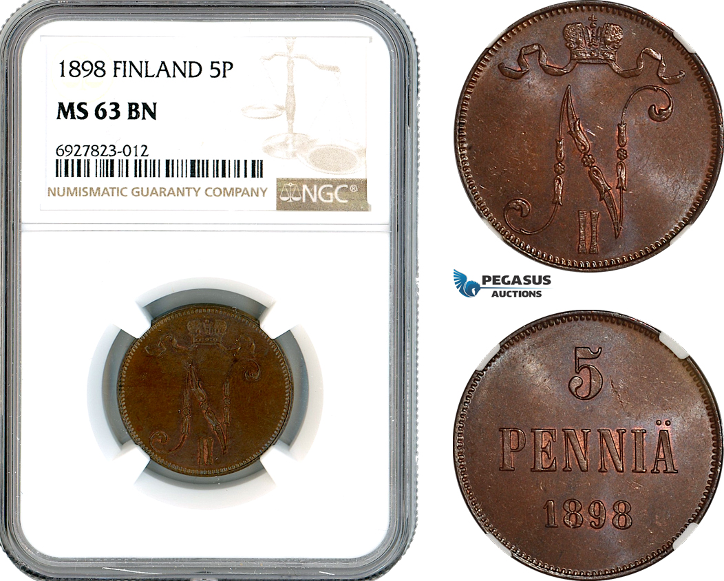 AK289, Finland, Nicholas II of Russia, 5 Penniä 1898, NGC MS63BN