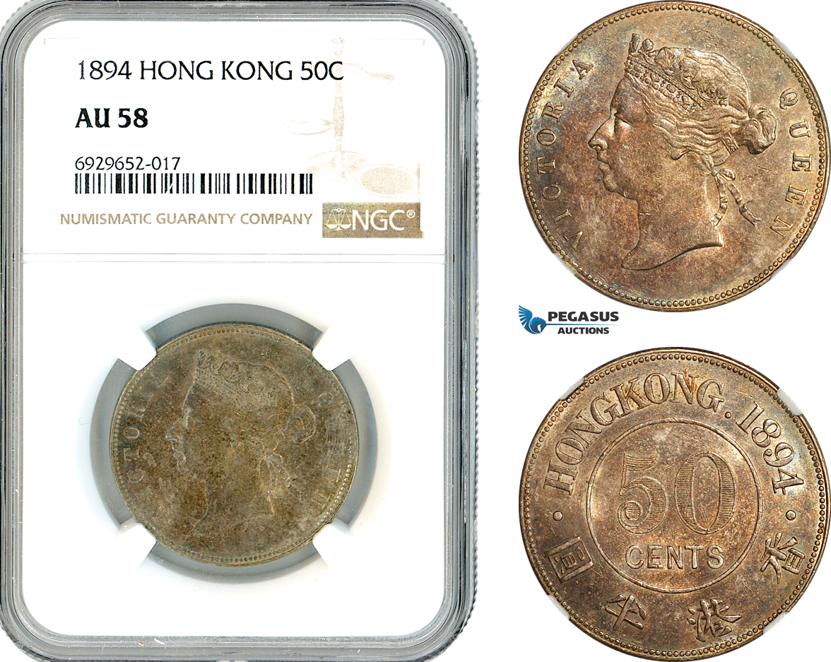 AK293, Hong Kong, Victoria, 50 Cents 1894, London Mint, Silver, NGC AU58