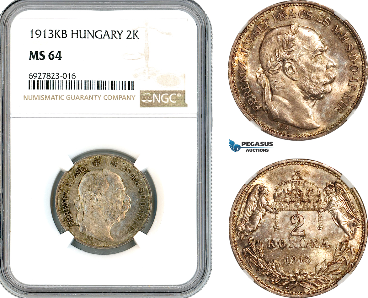 AK294, Hungary, Franz Joseph, 2 Korona 1913 KB, Kremnitz Mint, Silver, NGC MS64