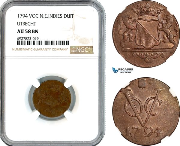 AK295, Netherlands East Indies, VOC, 1 Duit 1794, Utrecht Arms, NGC AU58BN