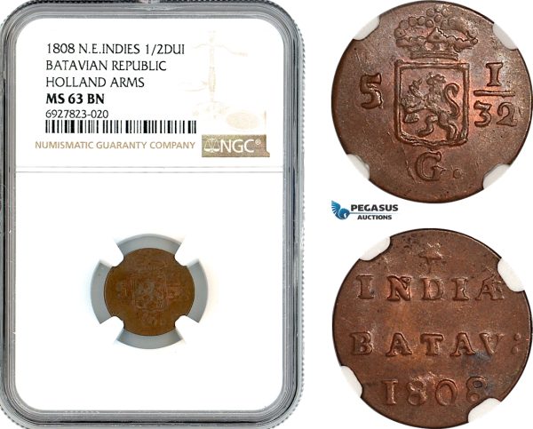 AK296, Netherlands East Indies, Batavian Republic, 1/2 Duit 1808, Holland Arms, NGC MS63BN
