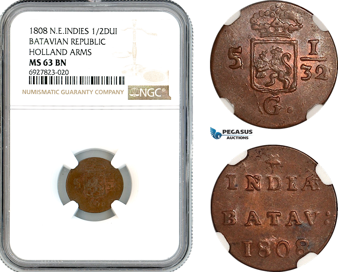 AK296, Netherlands East Indies, Batavian Republic, 1/2 Duit 1808, Holland Arms, NGC MS63BN