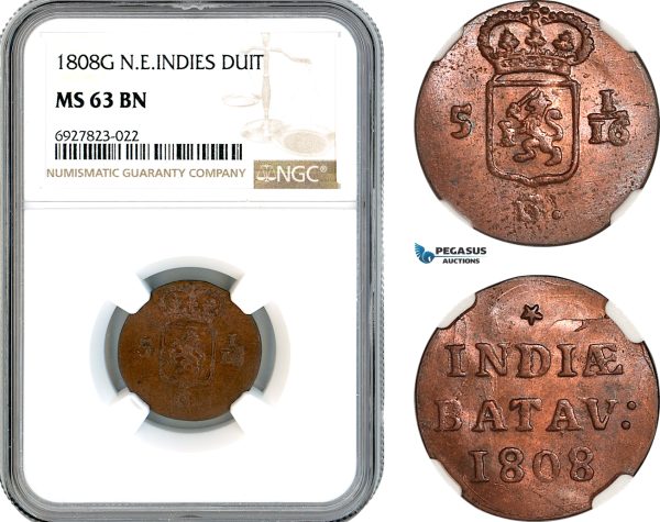 AK297, Netherlands East Indies, Batavian Republic, 1 Duit 1808, Holland Arms, NGC MS63BN