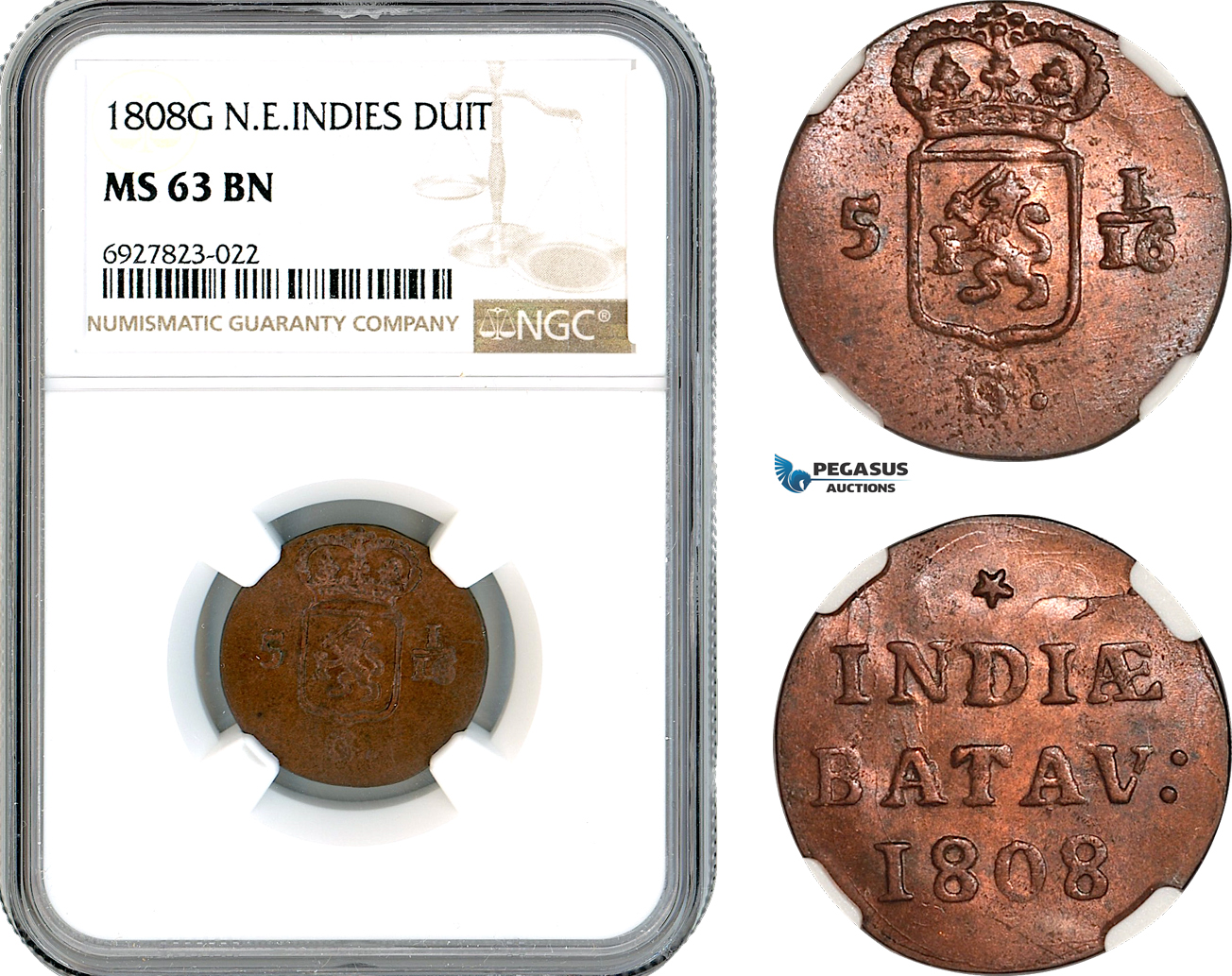 AK297, Netherlands East Indies, Batavian Republic, 1 Duit 1808, Holland Arms, NGC MS63BN