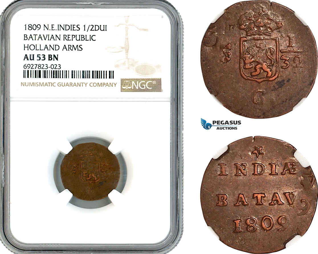 AK298, Netherlands East Indies, Batavian Republic, 1/2 Duit 1809, Holland Arms, NGC AU53BN, Double Struck Mint Error