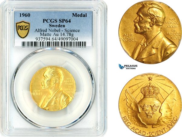 AK310, Sweden, Alfred Nobel, 1960 Gold Medal, Science Prize, Nobel Committee, PCGS SP64