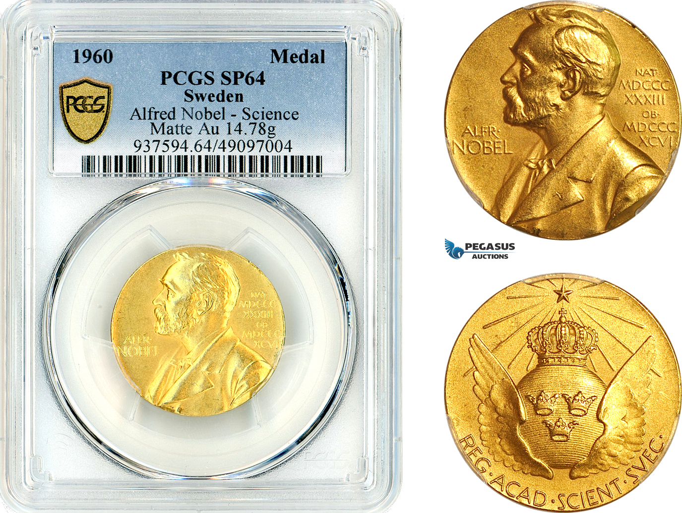 AK310, Sweden, Alfred Nobel, 1960 Gold Medal, Science Prize, Nobel Committee, PCGS SP64