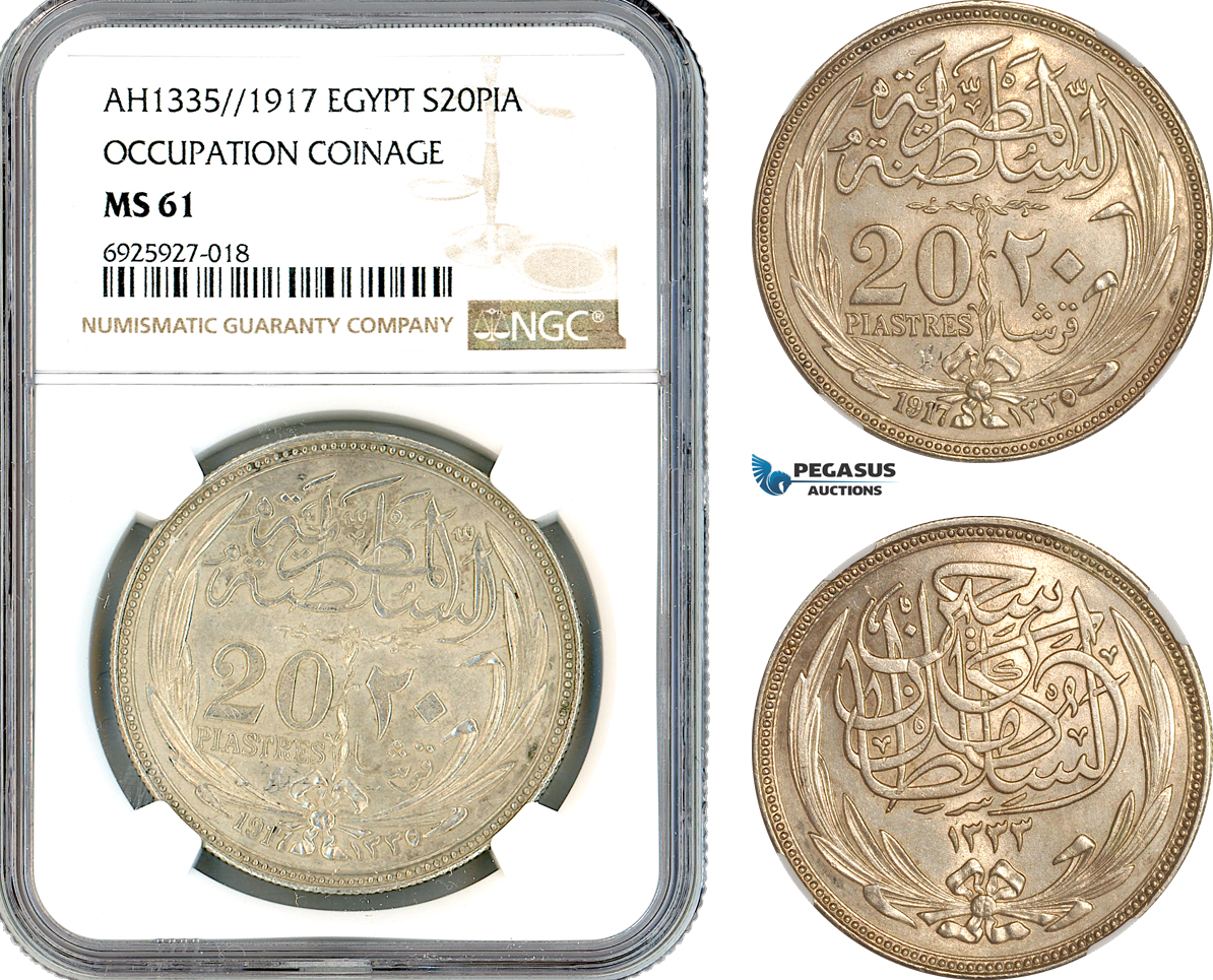 AK318, Egypt (Occupation Coinage) 20 Piastres AH1335/1917, Silver, NGC MS61