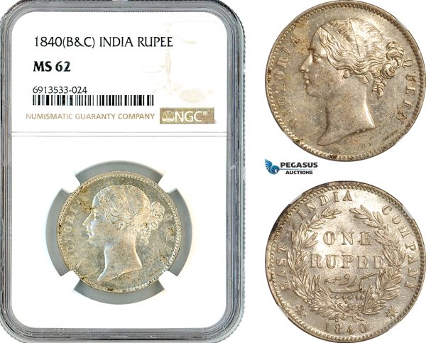 AK322, India (British) Victoria, 1 Rupee 1840 B&C, Silver, NGC MS62