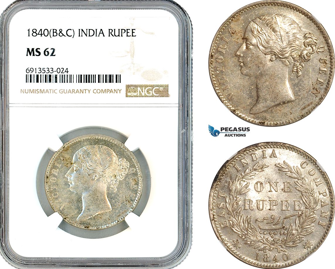 AK322, India (British) Victoria, 1 Rupee 1840 B&C, Silver, NGC MS62