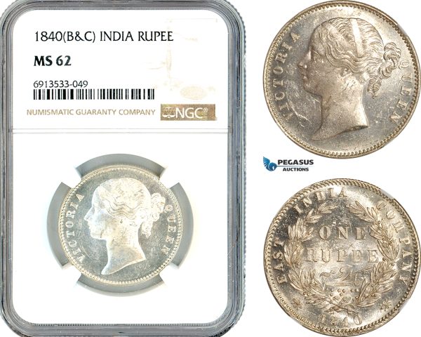 AK323, India (British) Victoria, 1 Rupee 1840 B&C, Silver, NGC MS62